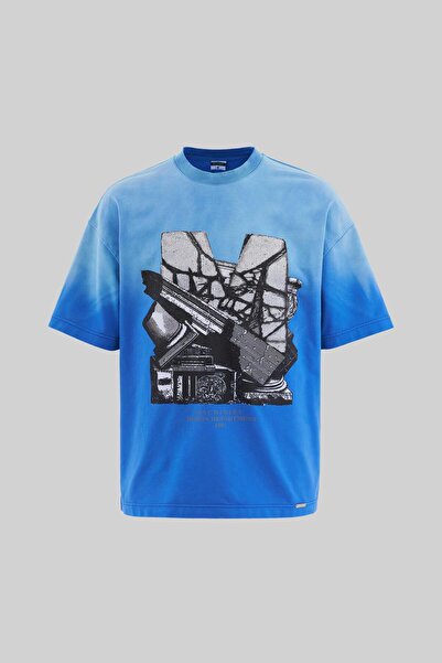 Machinist Чоловіча тріснута принтована м'яка синя футболка Oversize, яку можна прати