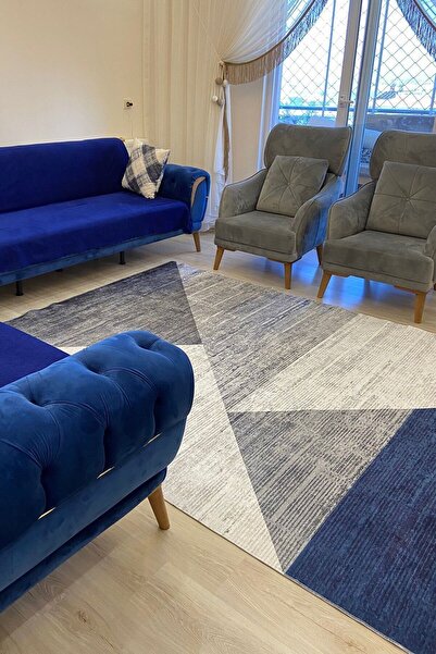 VOPTEKS Gri Lacivert Halı Lacivert Salon Halısı Makinede Yıkanabilir Kaymaz T...