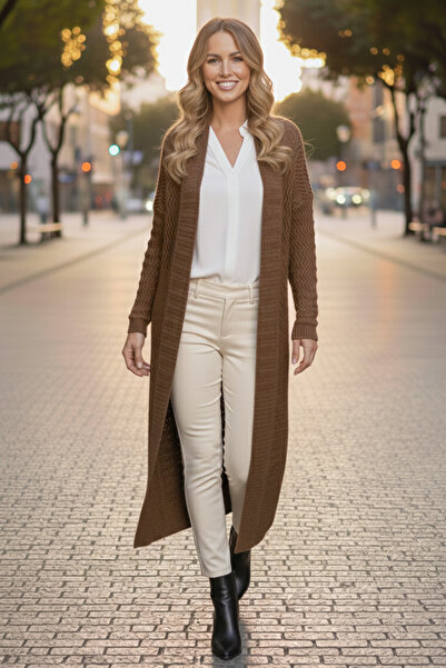 benguen Ζιγκ-ζαγκ μοτίβο μακρύ πλεκτό ζακέτα R4470 βιζόν