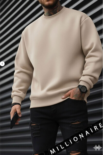 Millionaire Ανδρικό φούτερ από φλις, χαλαρή εφαρμογή, χωρίς στάμπα, μονόχρωμο, μπεζ, πέτρινο, μπεζ, Camel Basic 0, oversized