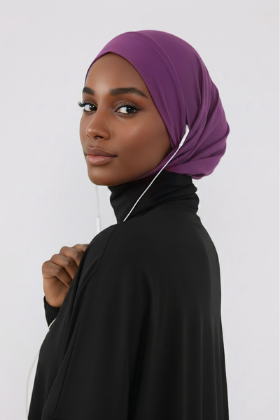 Aisha's Design Combed Cotton Bonnet with Neck Covering Feature and Headphone Opening, B-94, Purple 2