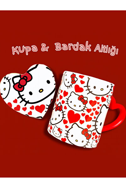 FALAVİ Hello Kitty Kalpli Kuplu Kupa ve Bardak Altlığı