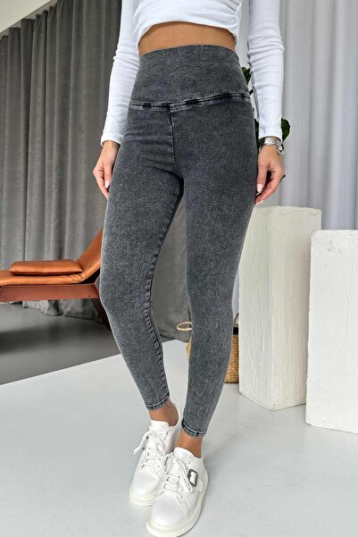 Mine Tan Butik Yüksek Bel Dar Paça Kadın Tayt - Gri