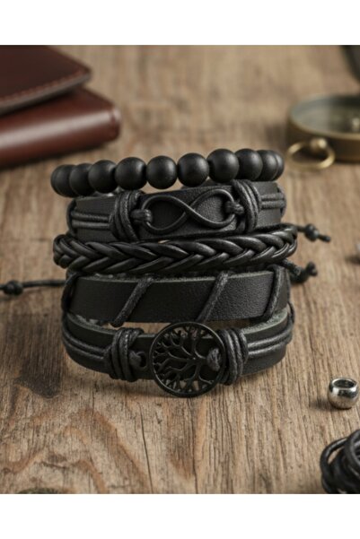BSN Store Life Tree and Infinity Black Figured 5-Piece Real Leather Bracelet