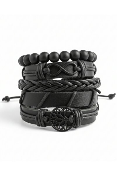 BSN Store Life Tree and Infinity Black Figured 5-Piece Real Leather Bracelet