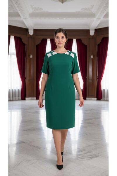 Nidya Moda Büyük Beden Kadın Yeşil Omuz Kafes Kombinli Abiye Elbise-4152y