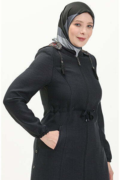 sefamerve Large Size Hooded Top Coat 0471-04 Navy Blue