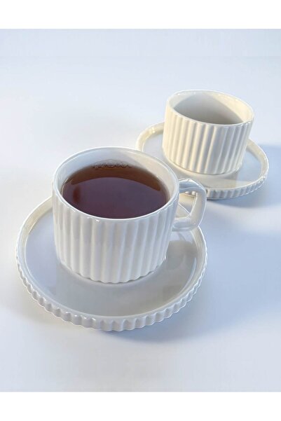 home inn Modern Çizgili 2'li Porselen Çay Fincan Takımı – Krem Renk, Sunum Ta...