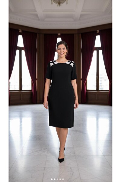 Nidya Moda Büyük Beden Kadın Siyah Omuz Kafes Kombinli Abiye Elbise-4152s