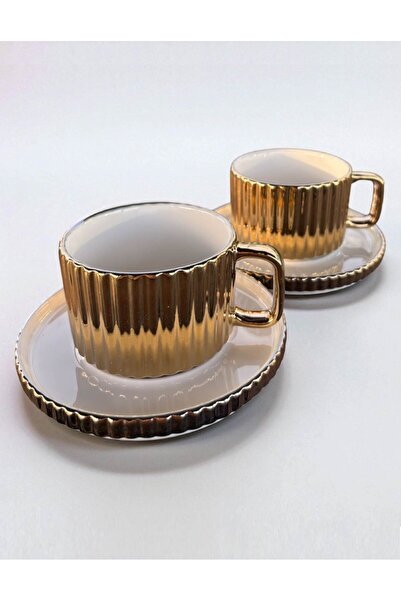 home inn Modern Çizgili 2'li Porselen Çay Fincan Takımı – Gold Renk, Sunum Ta...