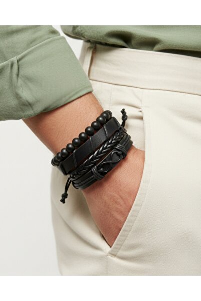 BSN Store Infinity Black Figured Onyx Bead Detailed 4-Piece Genuine Leather Bracelet