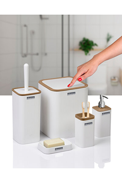 Okyanus Home Mina Due Beyaz Çizgili Kare 5'li Banyo Seti