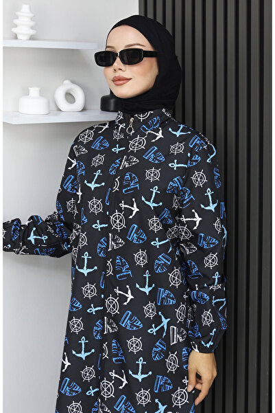 sefamerve Hijab-Badeanzug, modernes Linienmuster, 3-teiliges Set, 1903-09, Schwarz-Beige