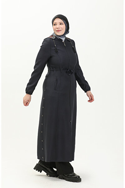 sefamerve Large Size Hooded Top Coat 0471-04 Navy Blue