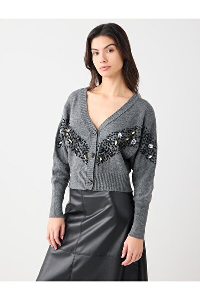 Jimmy Key Γκρι μακρυμάνικη πλεκτή ζακέτα με κεντημένα με πέτρα κουμπιά