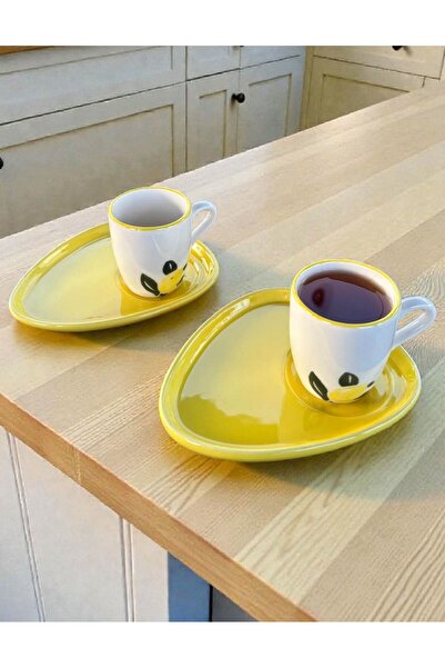 Home Inn Home Textile Lemon Patterned 2-Piece Ceramic Coffee Cup Set – with Yellow Oval Presentation Plate, Stylish and Decorative