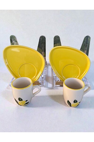 Home Inn Home Textile Lemon Patterned 2-Piece Ceramic Coffee Cup Set – with Yellow Oval Presentation Plate, Stylish and Decorative