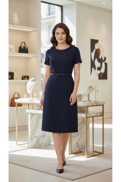 Nidya Moda Büyük Beden Deri Biye Lacivert Elbise-4084dl