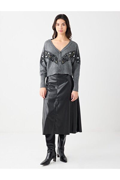 Jimmy Key Γκρι μακρυμάνικη πλεκτή ζακέτα με κεντημένα με πέτρα κουμπιά