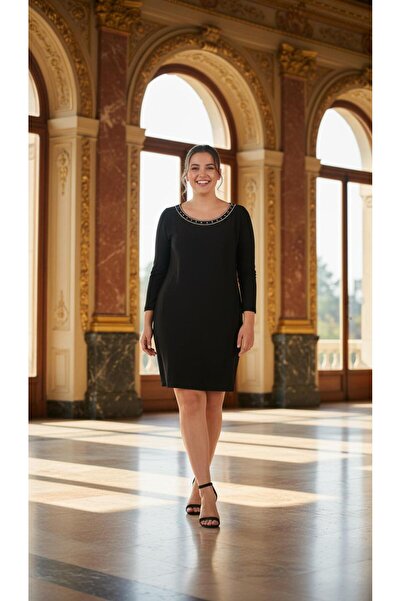 Nidya Moda Büyük Beden Kadın Siyah Taşlı Kayık Yaka Abiye Elbise-4002s