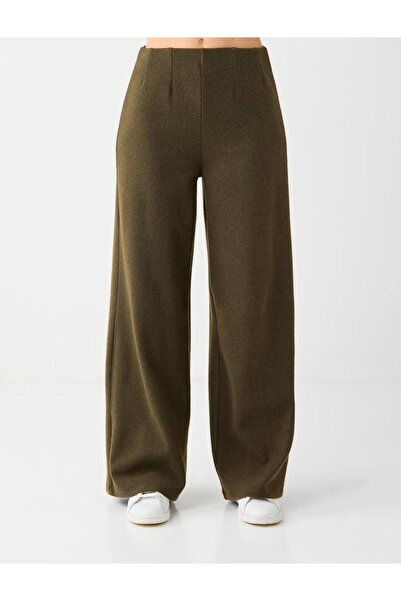 Jimmy Key Πλεκτό παντελόνι με φαρδιά πόδια με απαλή υφή χακί μελανζέ