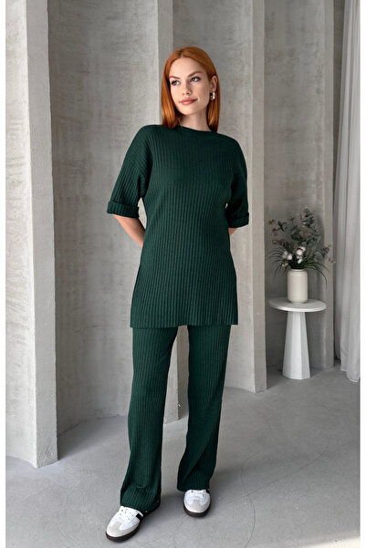 EYYE Smaragdzöld női pamut rövid ujjú bordás blúz nadrág szett