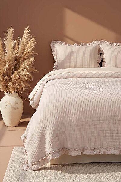 Rivaİstanbul Σετ κρεβατιού Marta Beige Διπλό Ζακάρ Σετ Σετ ύπνου 3 τεμαχίων