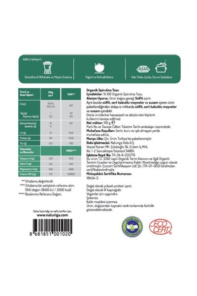 Naturiga Organik Spirulina Tozu 100gr