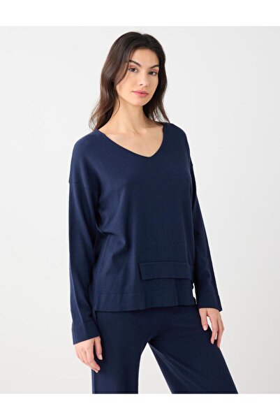 Jimmy Key Pulover tricotat cu mânecă lungă și decolteu în V bleumarin