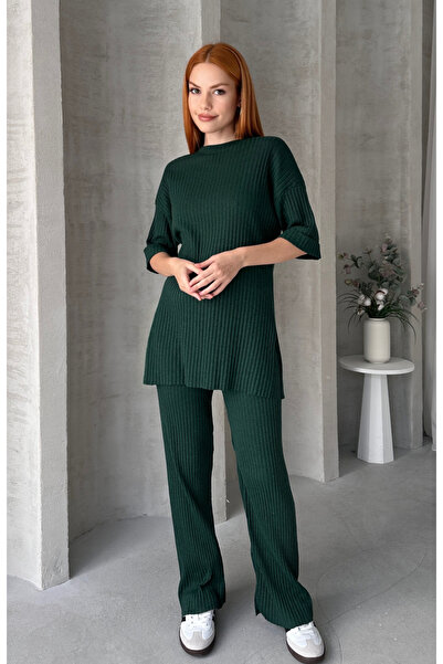 EYYE Smaragdzöld női pamut rövid ujjú bordás blúz nadrág szett