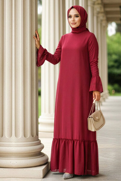 Neva Style Burgundy Hijab Dress with Flared Sleeves 5729Br