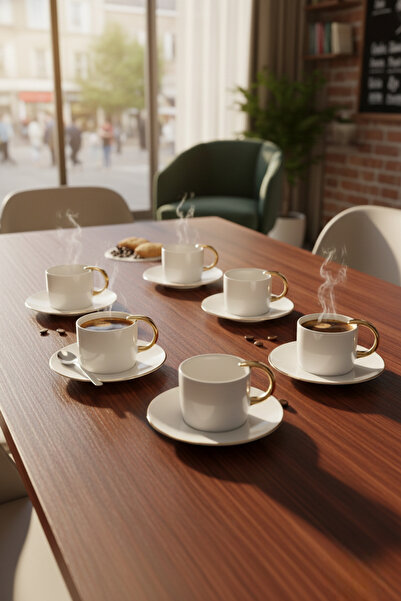 Tomurcukhome طقم فناجين قهوة بورسلين كوين بنمط ذهبي مذهّب لـ 6 أشخاص