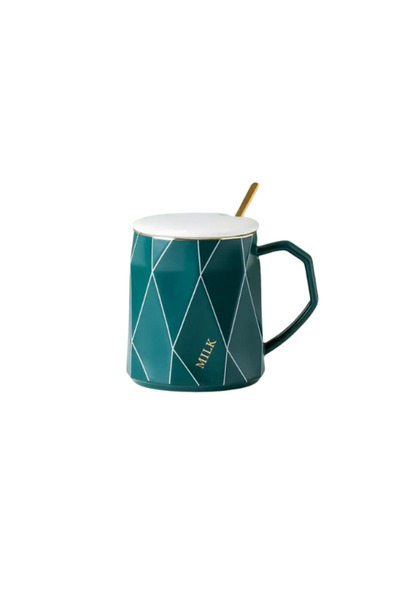 Dörtel Tedarik Modern Ceramic Mug with Geometric Pattern and Gold Spoon and Lid