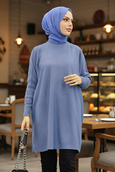 Neva Style Indigo Blue Hijab Knitwear Poncho 3399Im