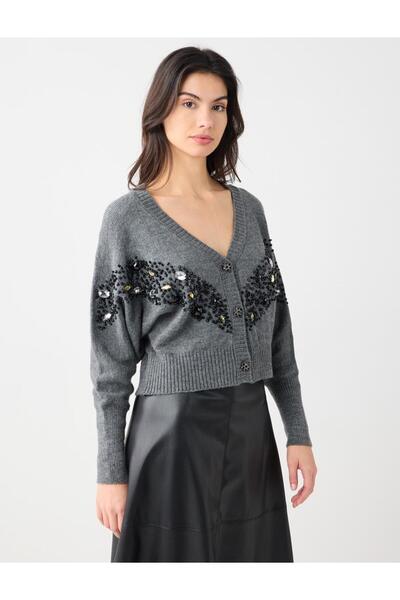 Jimmy Key Γκρι μακρυμάνικη πλεκτή ζακέτα με κεντημένα με πέτρα κουμπιά