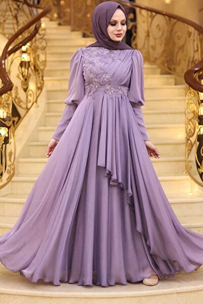 Neva Style İnci Detaylı Lila Tesettür Abiye Elbise 21930LILA