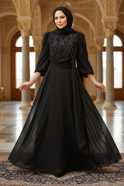 Neva Style Βραδινό φόρεμα με χάντρες Μαύρο Hijab 52021S