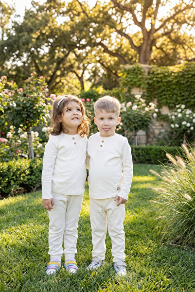 Sarebaby Bebek Alt Üst Takım %100 Pamuk Fitilli Kumaş Ekru Rengi