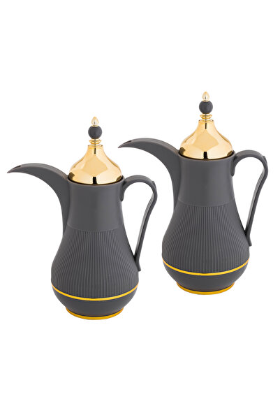 Alaska Alaska Dallah Thermos Set, 2 Pieces, Grey with Gold, 1 Liter Capacity