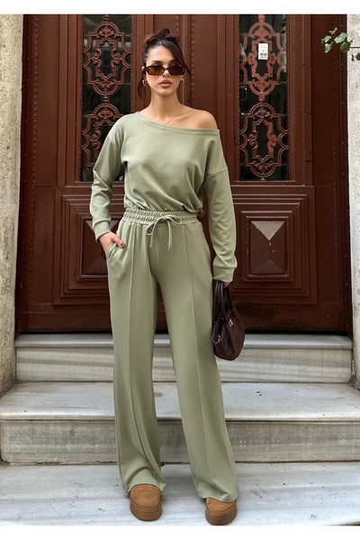 BEJNA Women's Green Off-Shoulder Soft Modal Textured Bottom Top Set