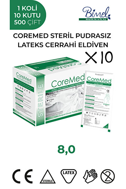 COREMED STERİL CERRAHİ LATEKS PUDRASIZ ELDİVEN 8 BEDEN 1 Koli-10 Paket-500 Çift