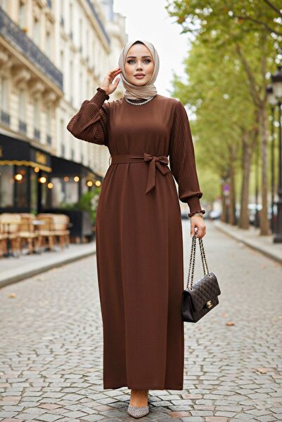 Neva Style Brown Hijab Dress with Pleated Sleeves 10124Kh