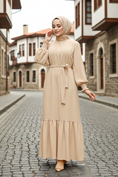 Neva Style Κρεμ Φόρεμα Τζινάκι με Φούστα με Κρεμάστρα 5972KR