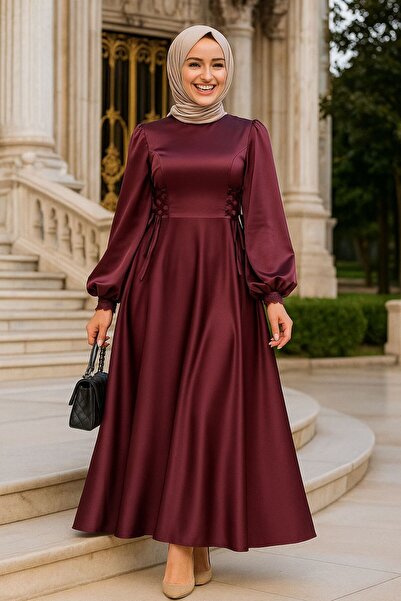 Neva Style Βραδινό φόρεμα Hijab με μανίκια μπαλόνι, σατέν μούρδι 61501MU