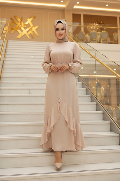 Neva Style Βραδινό φόρεμα με βαμβακερή επένδυση μπεζ χρώματος 4566BEJ