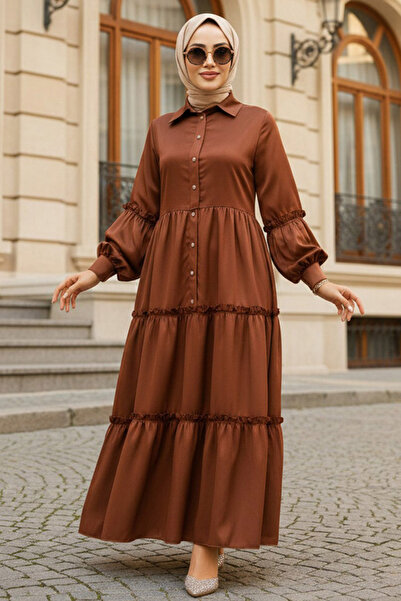 Neva Style Φόρεμα Hijab Καφέ με Πλισέ 5884KH