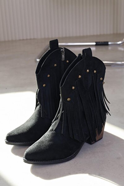 Stil Durağı ST147 MODEL 5 CM TOPUKLU PÜSKÜL DETAYLI WESTERN BOT SIY.SUET