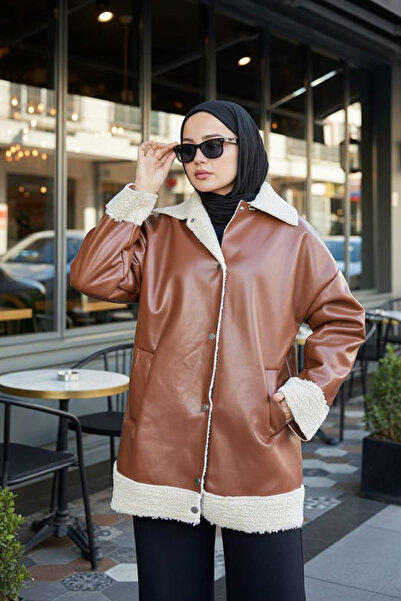 Neva Style Fur Detailed Tan Hijab Leather Jacket 9310TB