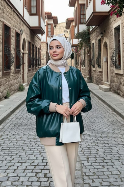 Neva Style Δερμάτινο μπουφάν με κουμπιά σμαραγδί πράσινο χρώμα 9264ZY