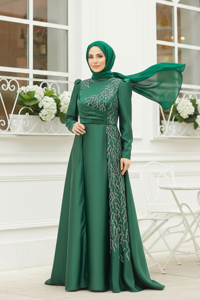 Neva Style Βραδινό φόρεμα με χάντρες σμαραγδένιο πράσινο τσαμιάρι 2295ZY